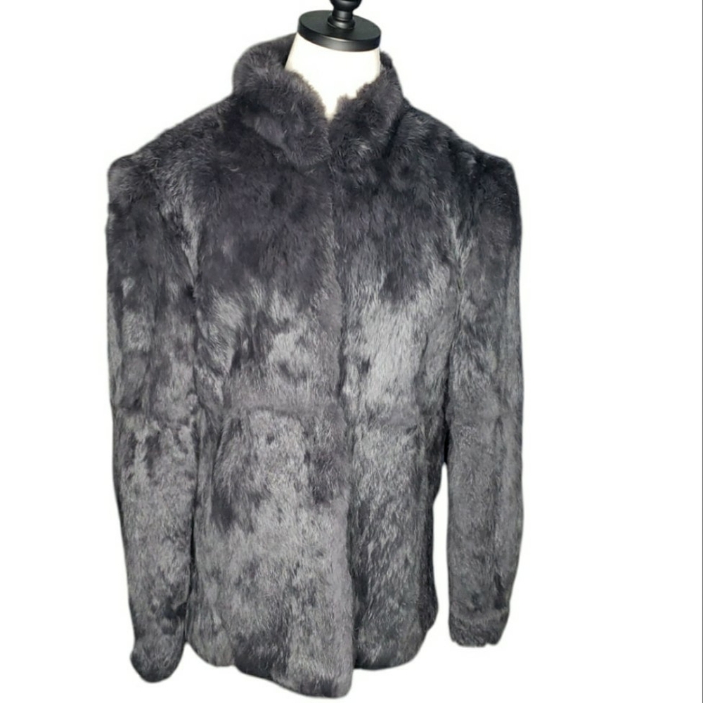 Vtg Luxury Genuine Rabbit Fur Coat Old Money 80's Big Shoulders Mockneck Mobwife